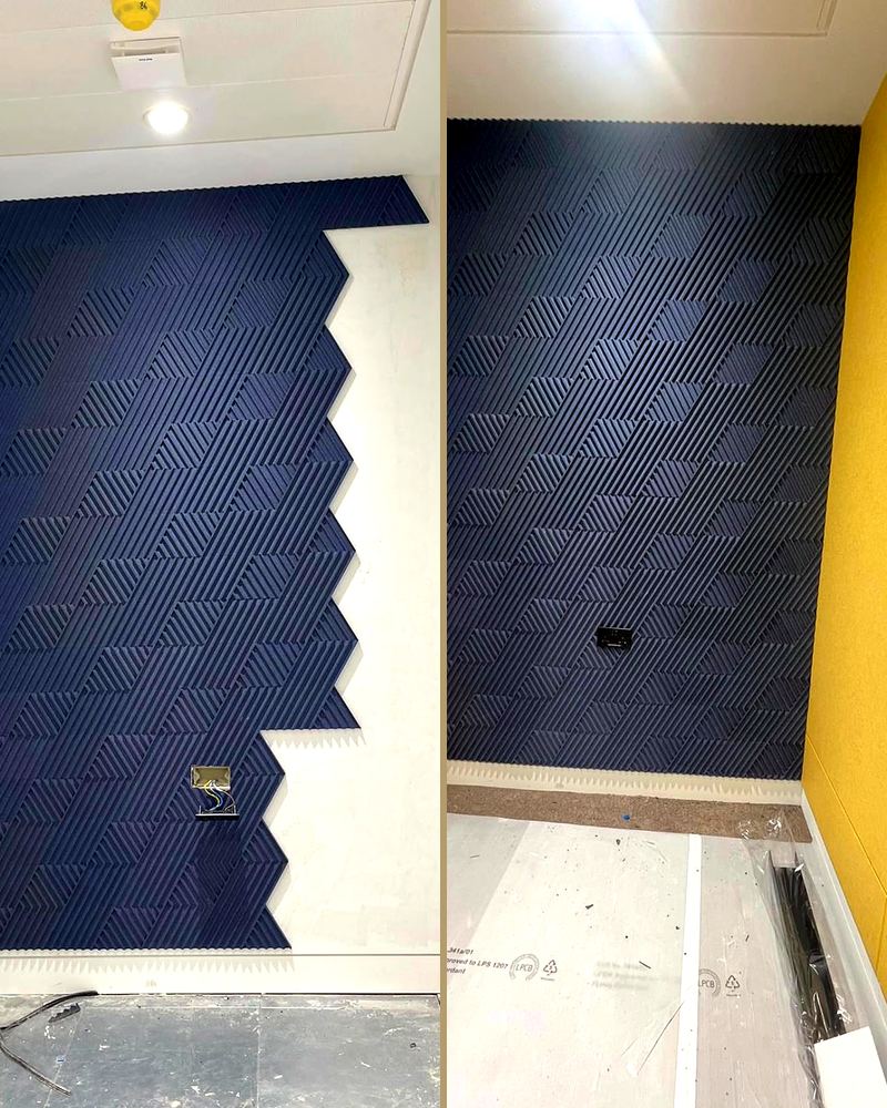 Geometric acoustic wall: in progress and complete, completed by ADD Construction